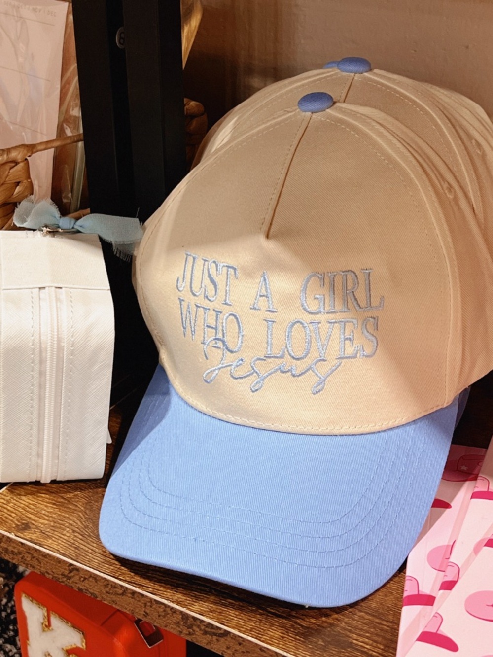 New Just a Girl Who Loves Jesus Two-Tone Baseball Cap - Cream & Light Blue